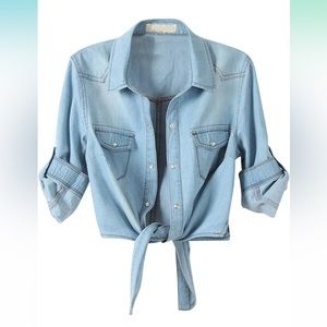 Women's 3/4 Sleeve Denim Crop Top Tie Knot Shirt Cardigan